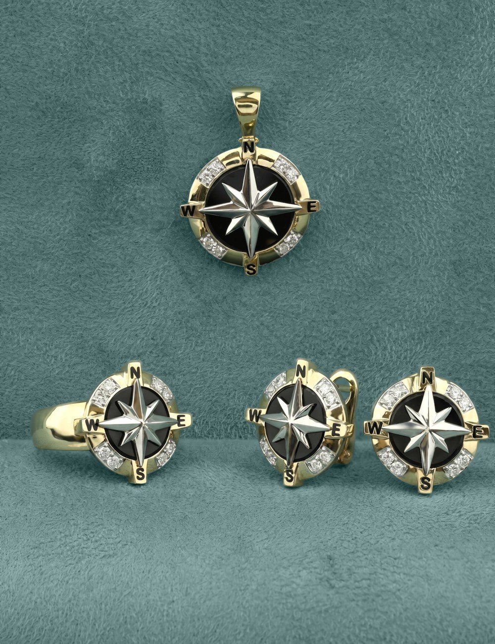 Серьги из лимонного золота 585 пробы c эмалью, бриллиантами и ониксом